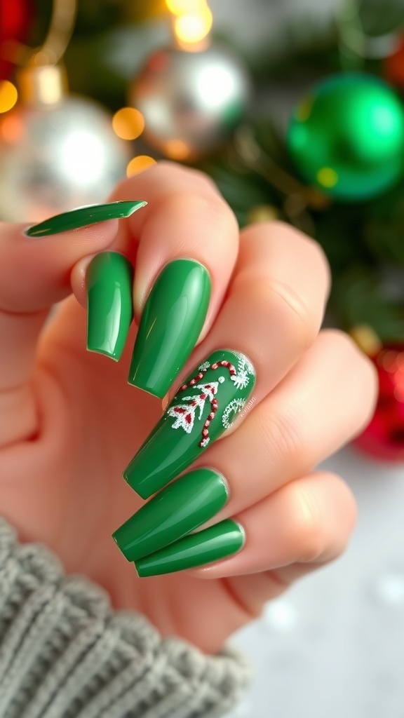 Green tapered square nails with holiday nail art and glitter accents.